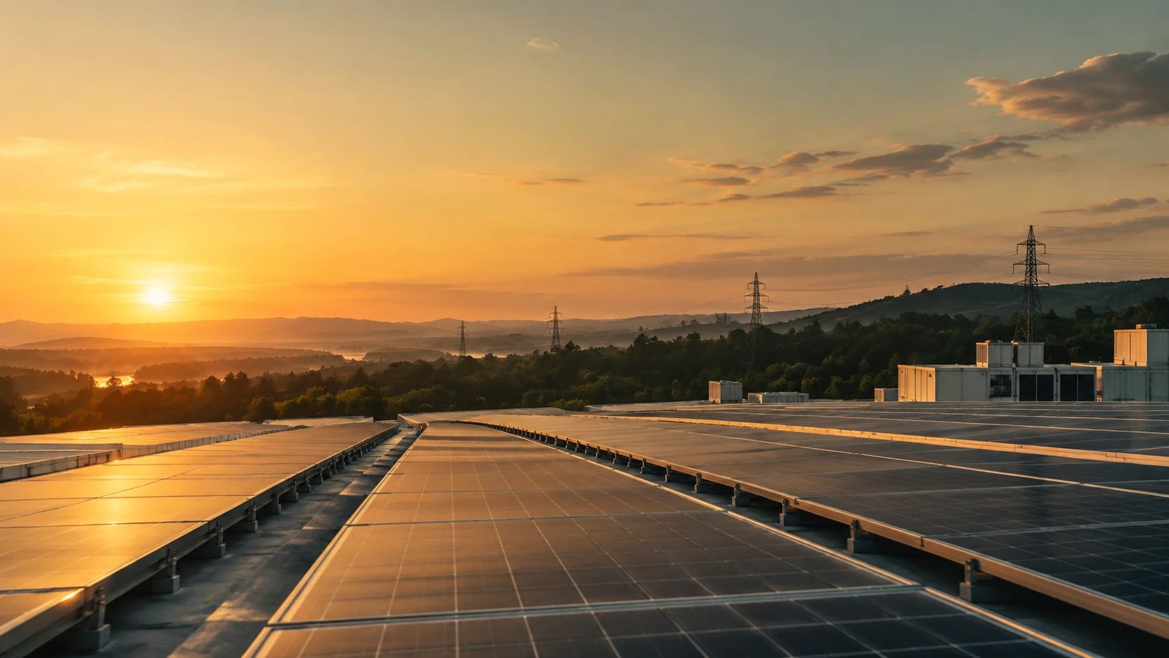 Gün batımında bir sanayi tesisinin çatısındaki güneş panelleri ve uzaktaki enerji hatları