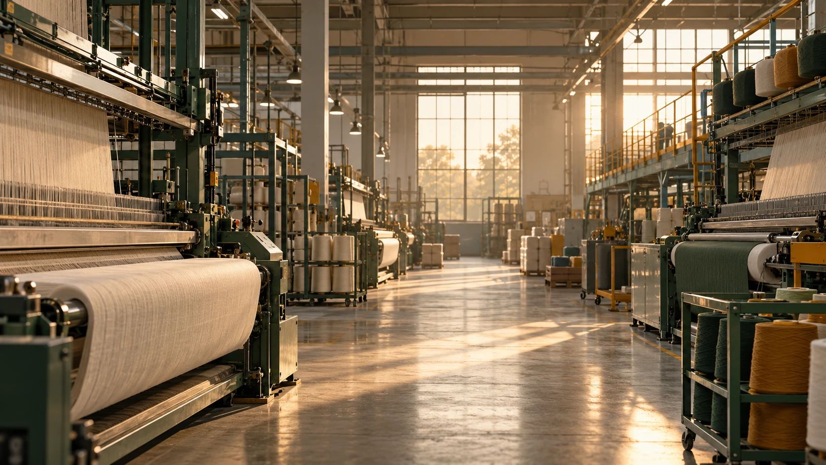 Gün ışığı alan bir tekstil fabrikasında dokuma tezgâhları, yeşil makineler ve iplik bobinleri