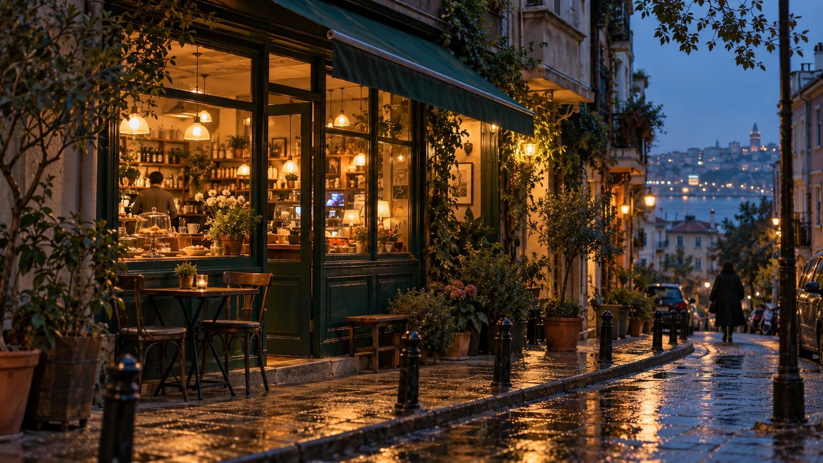 Akşam saatinde ıslak Arnavut kaldırımlı bir İstanbul sokağında yeşil tenteli, sıcak ışıklı bir kafe vitrini